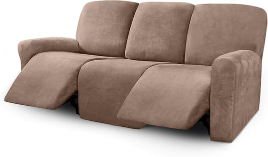 ULTICOR Velvet 8-Pieces Recliner Sofa Covers Stretch Reclining Couch Covers for 3 Cushion Reclining Sofa Slipcovers Furniture Covers Thick Soft Washable (3 Seater Recliner Cover, Sand) by ULTICOR