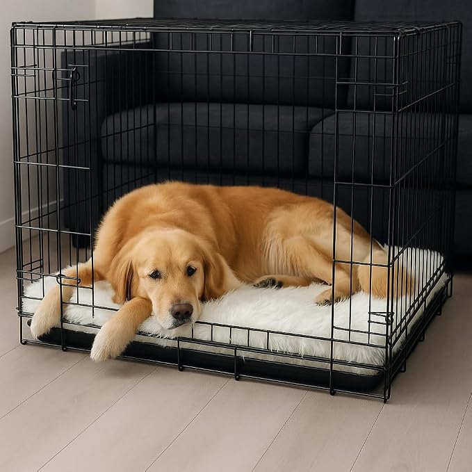 Faux Fur Orthopedic Rectangular Dog Bed, Memory Foam, White XLarge 47"x29" | Plush Sheepskin Style Furry Rug, Calming for Senior and Large Dogs, Washable Waterproof Cover, Fits Crates and Floors - Image 3