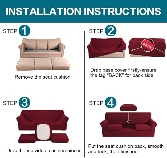 Turquoize 4 Piece Sofa Covers For 3 Cushion Couch Sofa Slipcover Soft Couch Cover For Dogs-Washable Sofa Furniture Covers With 3 Individual Large Cushion Covers Feature Thick Fabric(XL Sofa, Burgundy) - Image 6