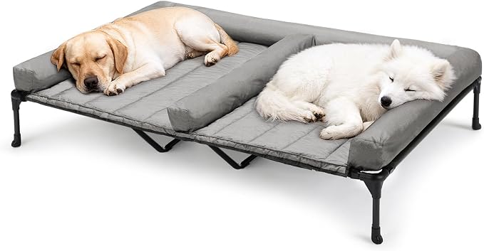 Veehoo Elevated Dog Bed for Two Dogs, Cooling Raised Dog Bed with Removable Waterproof Bolster Mat, 59" x 37.5" Double Dog Bed, Outdoor & Indoor Pet Cot with Breathable Mesh, Non-Slip Feet, Grey by Veehoo