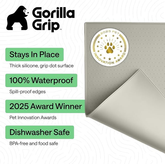 GORILLA GRIP 100% Waterproof Raised Edge BPA Free Silicone Pet Feeding Mat, Dog Cat Food Mats Contain Spills Protects Floors, Placemats for Cats, Dogs Water Bowl, Pets Accessories 26x17 Light Gray - Image 2