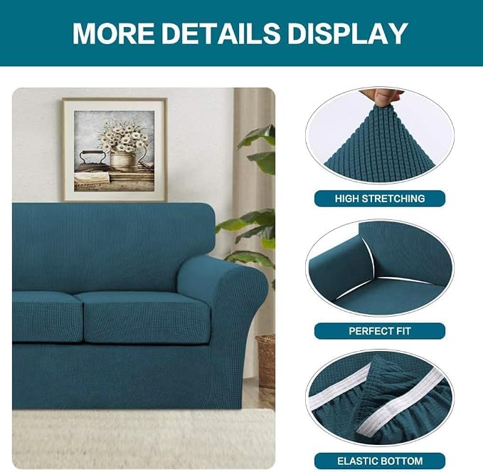 Turquoize 4 Piece Sofa Covers for 3 Cushion Couch Sofa Slipcover Soft Couch Cover for Dogs Washable Furniture Cover with 3 Individual Large Cushion Covers Feature Fabric (Large Sofa, Deep Teal) - Image 4