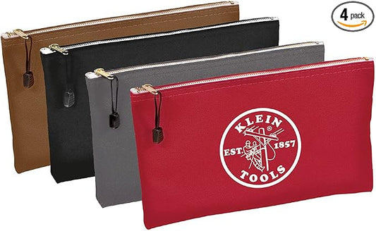 Klein Tools 5141 Zipper Tool Bag, Tool Pouch, Bank Deposit Canvas Utility Bag, 12.5 x 7-Inch, Brown/Black/Gray/Red 4-Pack by KleinTools