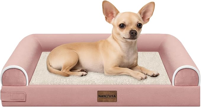 NANUYA Orthopedic Dog Bed for Small Dogs, 24 x 16 Inch, Pink | Egg crate foam for joint support, 3-sided bolster pet sofa, waterproof lining, washable cover, and non-skid base by Nanuya
