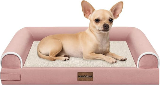 NANUYA Orthopedic Dog Bed for Small Dogs, 24 x 16 Inch, Pink | Egg crate foam for joint support, 3-sided bolster pet sofa, waterproof lining, washable cover, and non-skid base by Nanuya