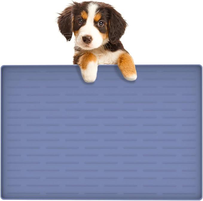 24"x16" Large Dog Food Mat, Silicone Dog and Cat Mats for Food and Water Bowls, Waterproof Raised Edge Pet Feeding Mat for Contain Spills Protects Floors, Multiple Colors & Sizes for Pets, Lake Blue by Goldleaf