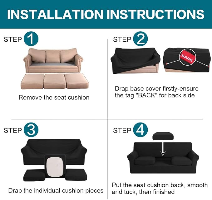 Turquoize 4 Piece Sofa Covers for 3 Cushion Couch Sofa Slipcover Soft Couch Cover for Dogs-Washable Sofa Furniture Covers with 3 Individual Cushion Covers,(3 Cushion Sofa, Black) - Image 6