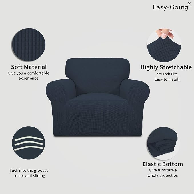Easy-Going Stretch Chair Slipcover with Arm Washable Dark Blue | 1-Piece Couch Sofa Cover Furniture Protector for Living Room Soft with Bottom For Kids, Pet. Spandex Jacquard - Image 3