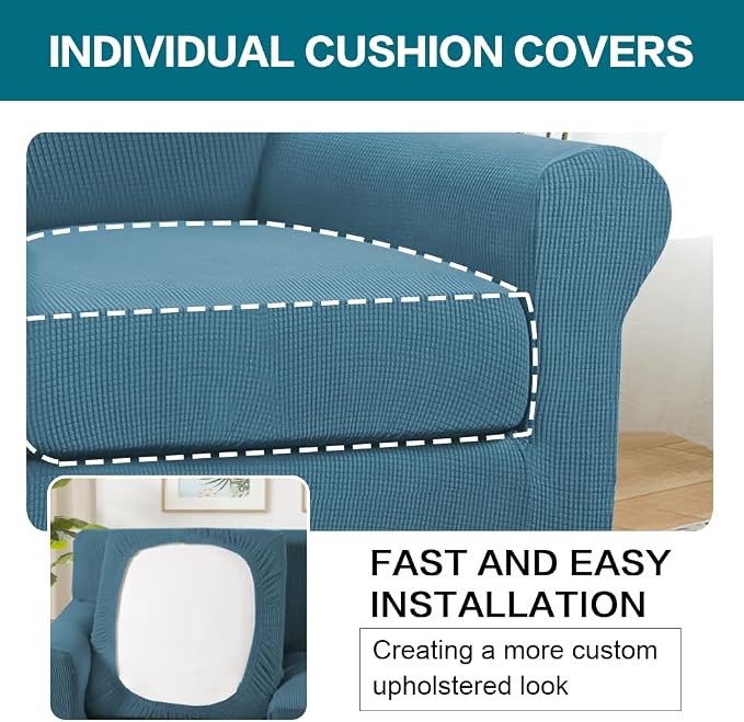 Turquoize 2 Piece Chair Covers Armchair Slipcovers for Living Room Armchair Sofa Cover with Individual Cushion Covers Feature Jacquard Fabric (Chair, Storm Blue) - Image 5