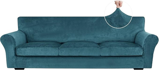 XINEAGE 4-Piece Velvet Oversize Sofa Cover,Couch Cover for Dog,Peacock Blue | 3 Cushion Large Sofa,Stretch Non-slip Elastic, Pet-friendly, Washable, Fast Setup, Soft Plush Fabric, Furniture Protector. by XINEAGE