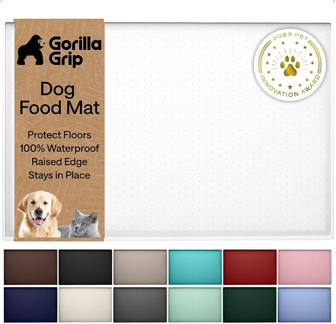 GORILLA GRIP 100% Waterproof Raised Edge BPA Free Silicone Pet Feeding Mat, Dog Cat Food Mats Contain Spills Protects Floors, Placemats for Cats and Dogs Water Bowl, Pets Accessories 26x17 White by Unknown