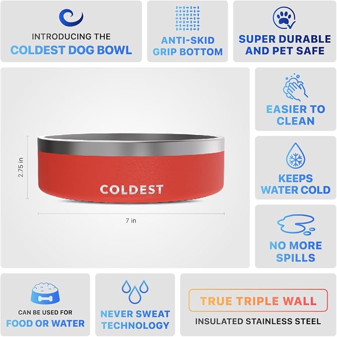 Coldest Dog Bowl - Anti Rust Metal, Non Slip, 3 Layers Insulated Stainless Steel Dog Bowls - Spill Proof & Heavy Duty - Water Bowl for Dogs, Cats & Pets, Dish Washer Safe (42 oz, Crimson Red) - Image 5