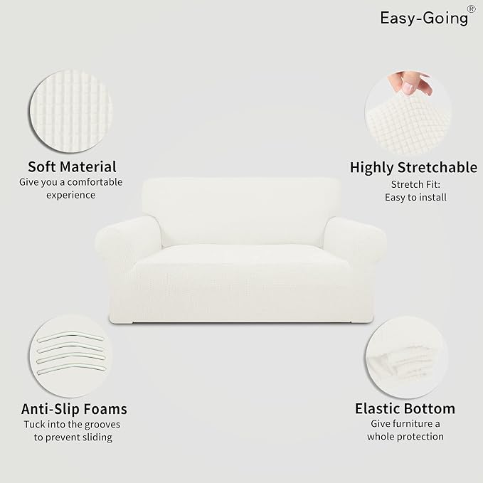 Easy-Going Stretch Oversized Loveseat Couch Covers Washable Cream | 1-Piece Large Loveseat Cover for 2 Cushion Couch Furniture Protector RV Sofa Slipcover Soft with Bottom for Kids Pets - Image 3