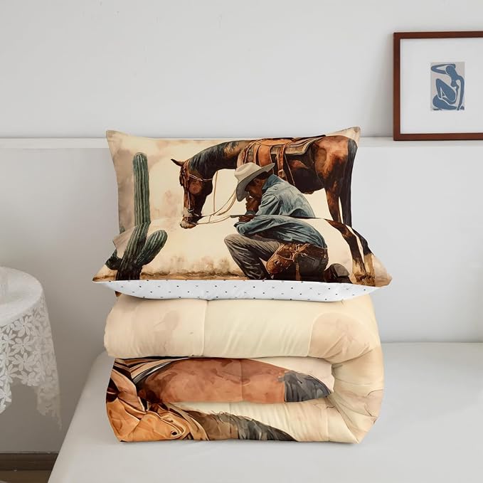 Manfei Western Horse Cowboy Comforter Sets Queen Size,Southwest Desert Cactus Bedding Comforter for Kids Boys,Rustic Farmhouse Style Quilt Sets for Bedroom Decor,Duvet Insert,2 Pillowcase,Beige Brown - Image 7