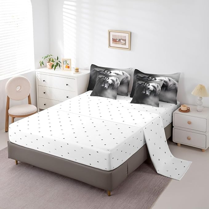 Erosebridal 7 Pcs Comforter Set King Size, Black White Horse Bed in a Bag with Flat Sheet and Fitted Sheet for Kids and Adults, Vintage Animals Bedding Set with 2 Pillowcases & 2 Pillow Shams - Image 4