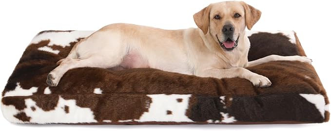Bedfolks Plush Waterproof Dog Crate Bed, Faux Fur Kennel Pad for Extra Large Dogs, Removable Washable Cover, 41"x27", Cow Print by Bedfolks