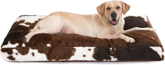 Bedfolks Plush Waterproof Dog Crate Bed, Faux Fur Kennel Pad for Extra Large Dogs, Removable Washable Cover, 41"x27", Cow Print by Bedfolks