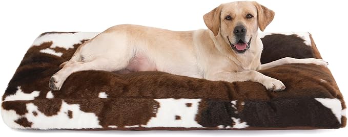 Bedfolks Waterproof Crate Bed, Plush Washable Cover, Faux Fur Pad for XXL Dogs, Fluffy Kennel Bed 47"x29", Cow Print by Bedfolks
