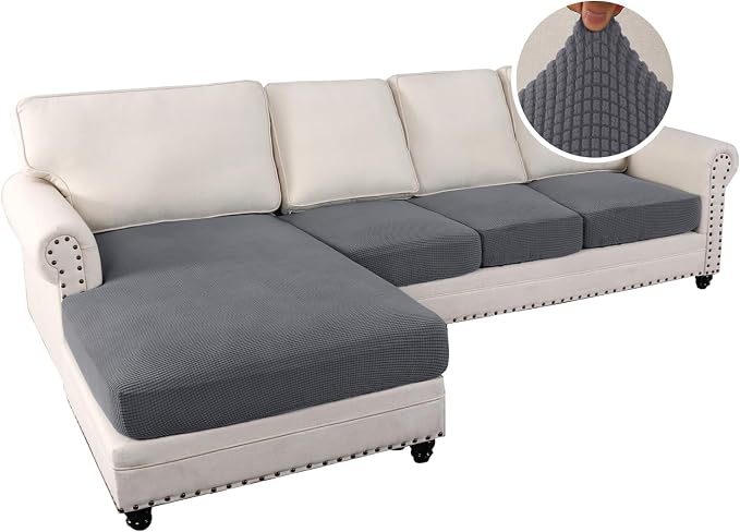 H.VERSAILTEX Sectional Couch Covers 4 Pieces Sofa Seat Cushion Covers L Shape Separate Cushion Couch Chaise Cover for Both Left/Right Sectional Couch (Seat Only: 1 Chaise + 3 Sofa, Grey) - Image 2