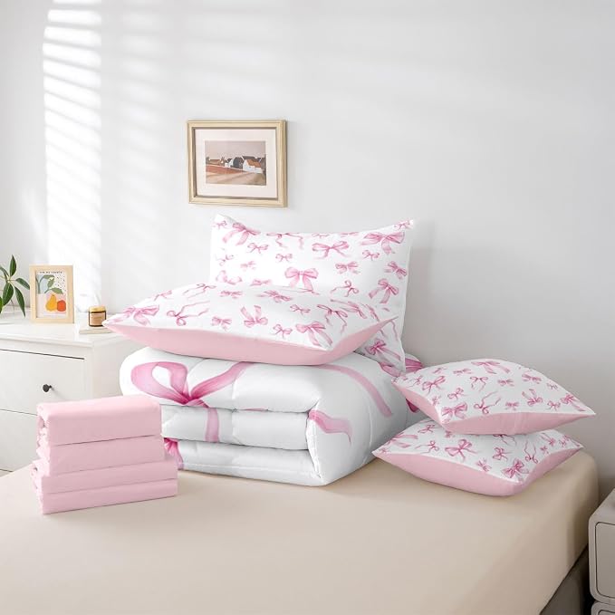 Erosebridal 7 Piece Cute Bowknot Kids Bedding Set Twin Bed in A Bag Pink Bow Comforter Set for Girls Watercolor Bows Ribbon Quilt Coquette Bow Decor Dreamy Princess Style Sheets Pink White Bed Set - Image 6