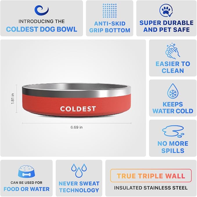 Coldest Dog Bowl - Anti Rust Metal, Non Slip, 3 Layers Insulated Stainless Steel Dog Bowls - Spill Proof & Heavy Duty - Water Bowl for Dogs, Cats & Pets, Dish Washer Safe (21 oz, Red) - Image 5
