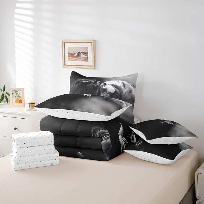 Erosebridal 7 Pcs Comforter Set Twin Size, Black White Horse Bed in a Bag with Flat Sheet and Fitted Sheet for Kids and Adults, Vintage Animals Bedding Set with 2 Pillowcases & 2 Pillow Shams - Image 6