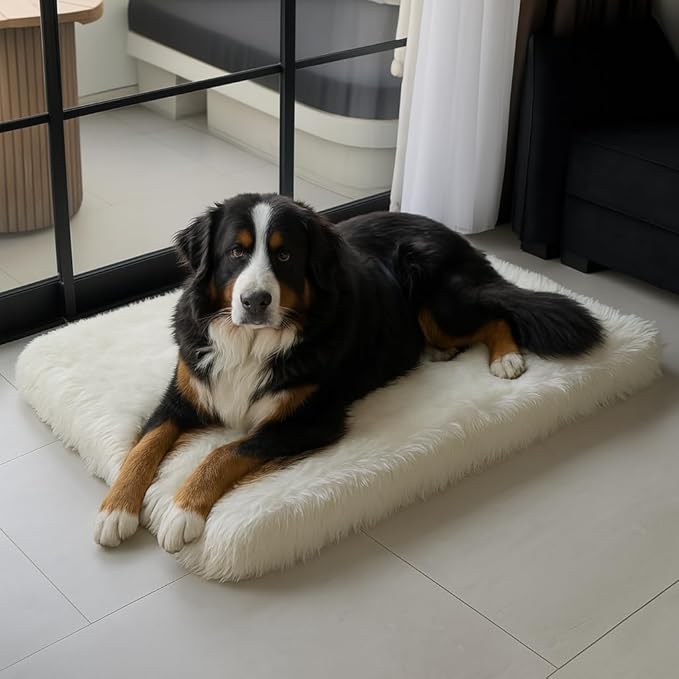 Faux Fur Orthopedic Rectangular Dog Bed, Memory Foam, White XLarge 47"x29" | Plush Sheepskin Style Furry Rug, Calming for Senior and Large Dogs, Washable Waterproof Cover, Fits Crates and Floors by iHappyDog