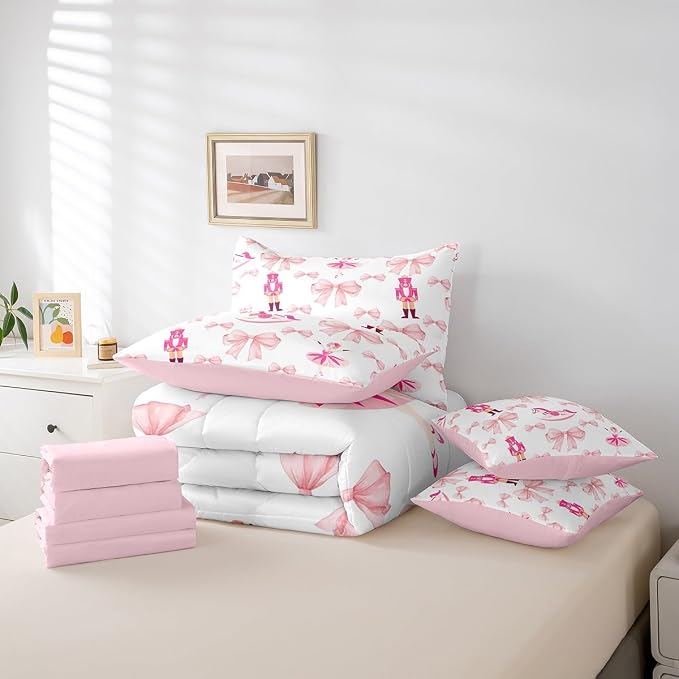 Erosebridal 7 Piece Pink Bow Comforter Set King Bed in a Bag,Cute Nutcracker Bedding Set for Girls Child,Kids Bowknot Trojans Duvet Insert,Ballet Girl Dancer Quilt,Dreamy Princess Style Sheet Set - Image 6