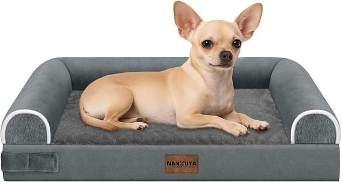 NANUYA Orthopedic Dog Bed for Small Dogs, 24 x 16 Inch, Dark Grey | Egg crate foam for joint support, 3-sided bolster pet sofa, waterproof lining, washable cover, and non-skid base by Nanuya