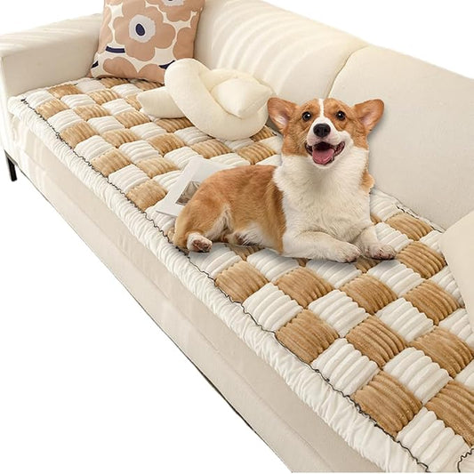 Fuzzy Chic Cotton Protective Couch Cover,Machine Washable & Non-Slip Pet Mat Bed Couch Cover,Garden Sofa Cover Cream-Coloured Plaid Pet Mat for Most Cats Dogs,Pets (light coffee, 27.6*59.1inch) by Unknown