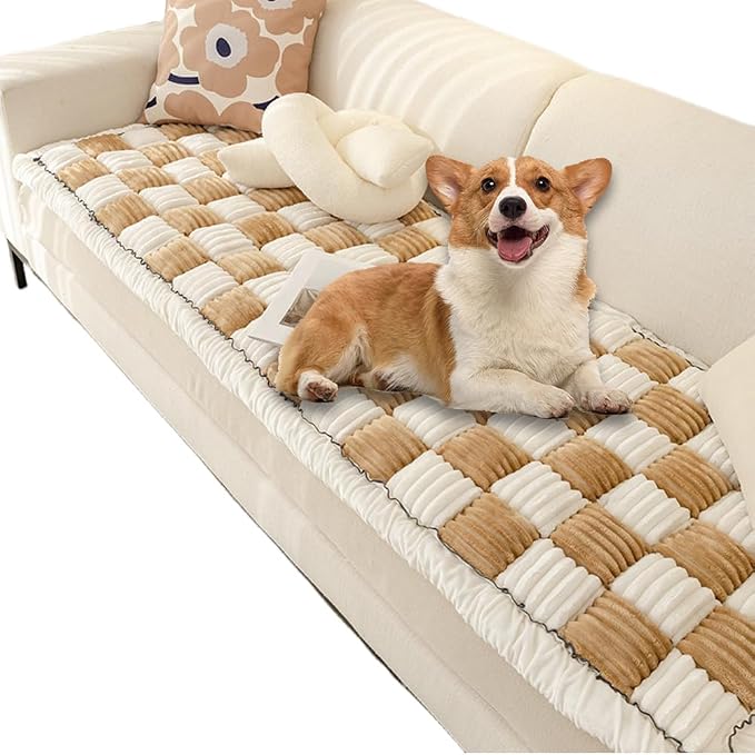 Fuzzy Chic Cotton Protective Couch Cover,Machine Washable & Non-Slip Pet Mat Bed Couch Cover,Garden Sofa Cover Cream-Coloured Plaid Pet Mat for Most Cats Dogs,Pets (light coffee, 23.6*70.9inch) by Unknown