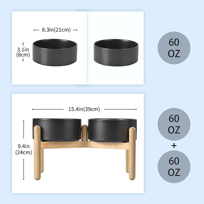 SPUNKYJUNKY Ceramics Elevated Dog Bowls with Wooden Stand Raised Dog Bowl for Medium Large Dog Food and Water Pet Feeding Bowl(Double 60OZ Bowls,Black) - Image 2