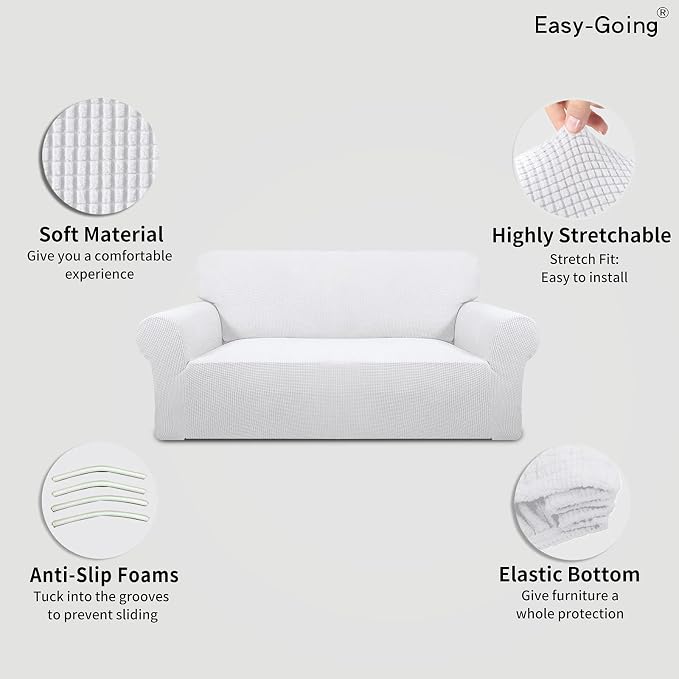 Easy-Going Stretch Oversized Loveseat Couch Covers Washable Snow White | 1-Piece Large Loveseat Cover for 2 Cushion Couch Furniture Protector RV Sofa Slipcover Soft with Bottom for Kids Pets - Image 3
