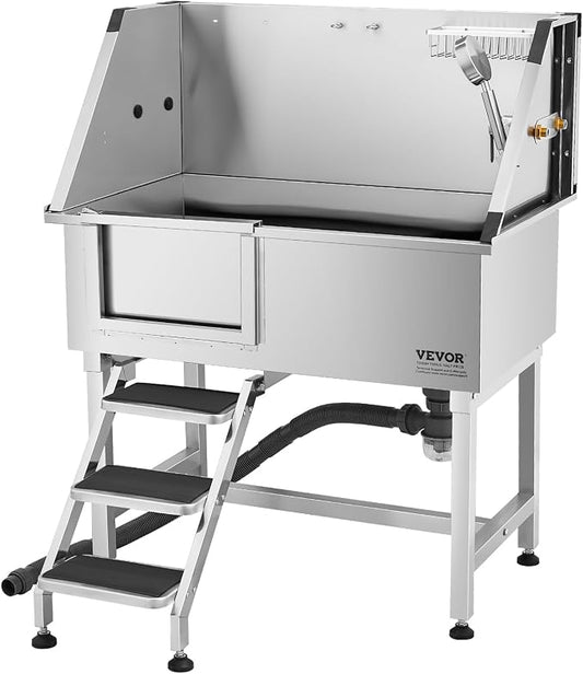 VEVOR 38 Inch Stainless Steel Dog Washing Station, Pet Grooming Tub with Hot & Cold Faucet, Showerhead, Home Wash Sink, Fits Small and Medium Cats and Dogs, Non-Slip Stairs (Left Door) by VEVOR