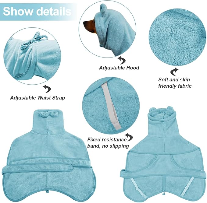 Medium to Large Size Dog Bathrobe, Quick Drying Super Absorbent, Warm Dog Towels, Adjustable Hoodies and Belts for Dog Bath Products (Blue,3XL) - Image 4