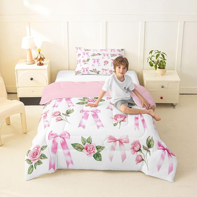 Manfei Floral Bowknot Comforter Set Toddler Size,Pink Bow Tie Print Bedding Set for Kids Teens,Dreamy Princess Style Flower Down Comforter,2 Pcs 1 Pillowcase - Image 6