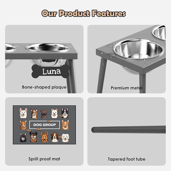 ADENGL Raised Dog Bowl Stand for Large Dogs, 10” Tall Elevated Feeder with Spill-Proof Mat, Stainless Steel 58OZ Bowls for Food & Water, Gray Color (Mat Size: 16x24”) - Image 4