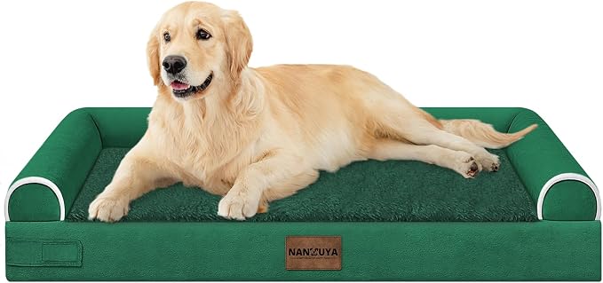 NANUYA Orthopedic Dog Bed for Large Dogs, 36 x 27 Inch, Emerald | Egg crate foam for joint support, 3-sided bolster pet sofa, waterproof lining, washable cover, and non-skid base by Nanuya