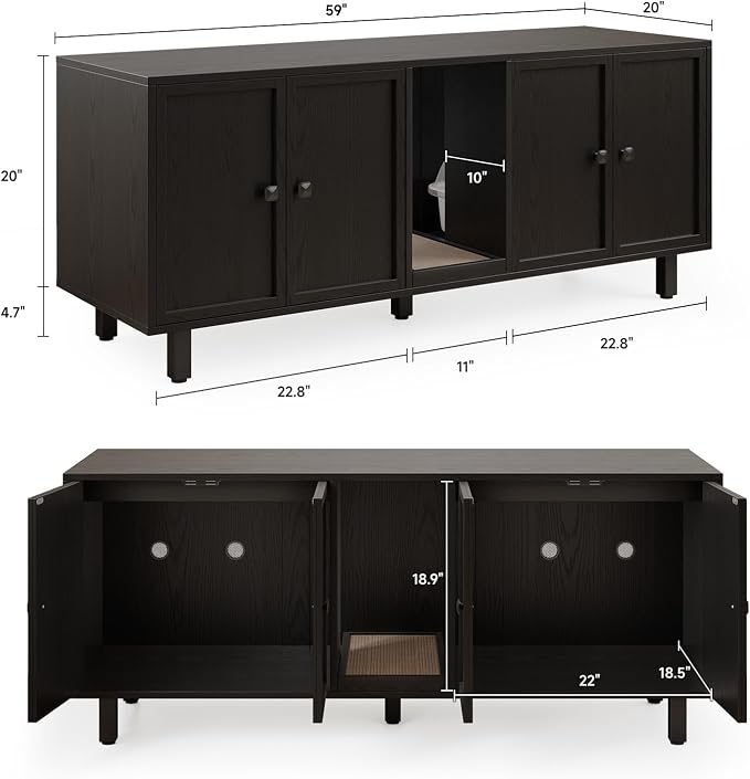 ONBRILL 59 Inches Cat Litter Box Enclosure for 2 Cats, Hidden Litter Boxes Furniture with Cat Scratch Pad, Large Indoor Pet House with Double Room, Wooden TV Stand Side Table, Black - Image 2