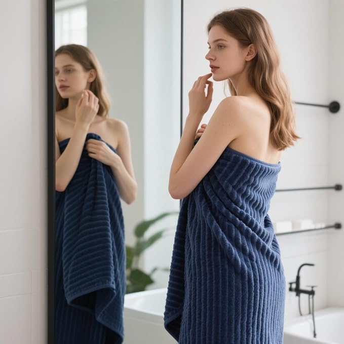 6 PC Bath Towel Set, 40"x80" Oversized Bath Sheets, Navy Blue | Microfiber, Quick Dry, Highly Absorbent, Towels for Bathroom, 2 Extra Large Bath Towels, 2 Soft Hand Towels, 2 Washcloths - Image 6