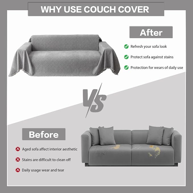 DREAMINGO Modern Chenille Couch Cover Blanket Washable Sofa Covers for 3 Cushion Couch Diamond Weave Textured Furniture Protector for Dogs Soft Light Grey Couch Throw Cover, XX-Large 71"x150" - Image 5