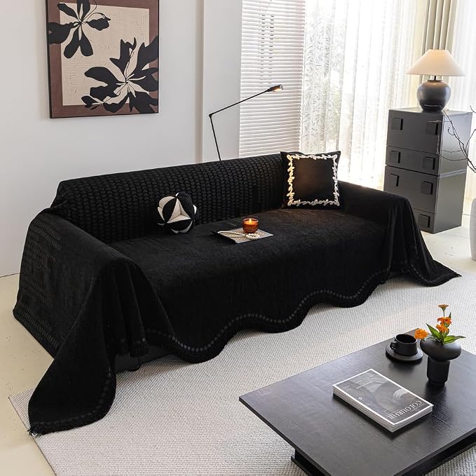 ROOMLIFE Black Couch Cover Sofa Covers, Chenille Couches Covers for 3 Cushion Sofas, Non Slip Soft Breathable Sofa Slipcovers for Pet, Washable Furniture Protector with Tassel,71''X134” by ROOMLIFE
