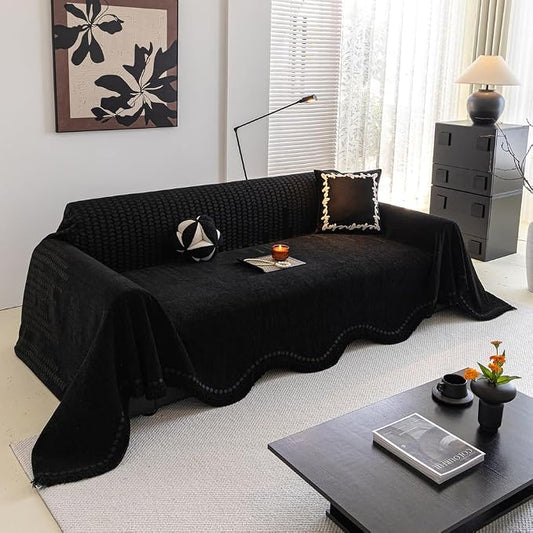 ROOMLIFE Black Couch Cover Sofa Covers, Chenille Couches Covers for 3 Cushion Sofas, Non Slip Soft Breathable Sofa Slipcovers for Pet, Washable Furniture Protector with Tassel,71''X134” by ROOMLIFE