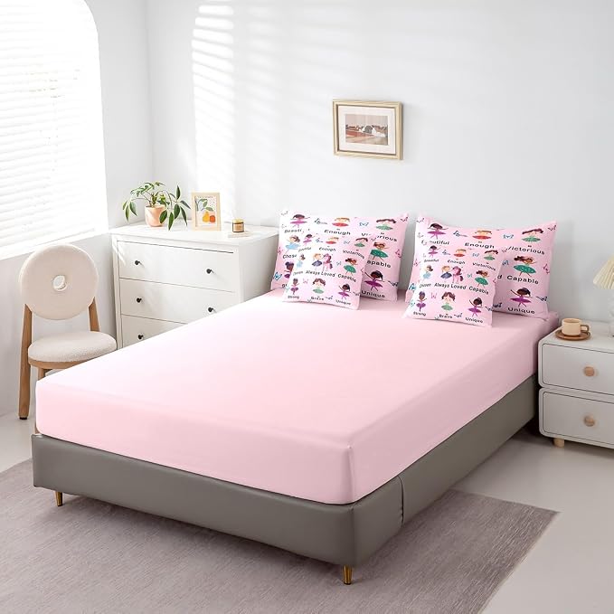Erosebridal 7 Piece Girls Pink Princess Kids Comforter Set Queen Bed in a Bag,Ballet Bedding Set,Dancing Girls Inspirational Duvet Insert,Dreamy Princess Style Sheet Set,Butterfly Unicorn Quilt - Image 5
