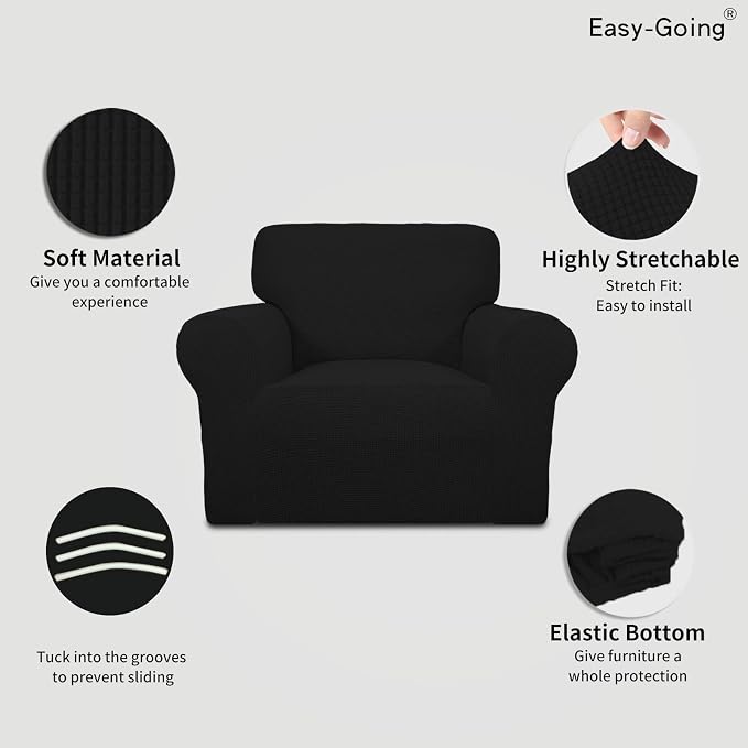 Easy-Going Stretch Chair Slipcover with Arm Washable Black | 1-Piece Couch Sofa Cover Furniture Protector for Living Room Soft with Bottom For Kids, Pet. Spandex Jacquard - Image 3
