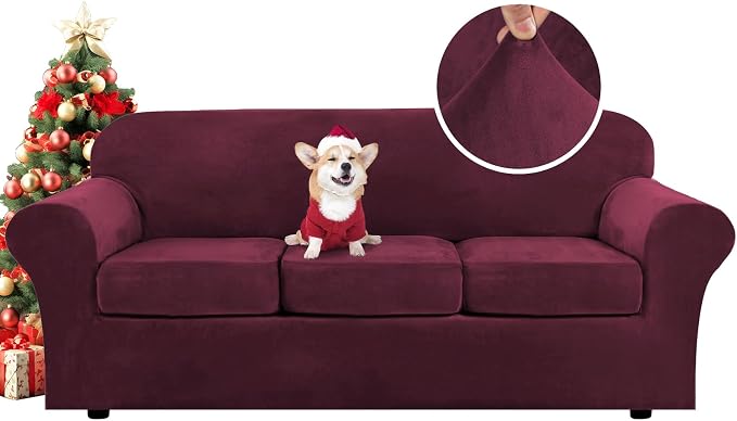 H.VERSAILTEX Modern Velvet Plush 4 Piece High Stretch Sofa Slipcover Sofa Cover Furniture Protector Form Fit Luxury Thick Velvet Sofa Cover for 3 Cushion Couch Width Up to 90 Inch(Sofa,Burgundy) by HVERSAILTEX