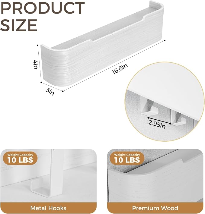 Coat Rack Wall Mount with Shelf Entryway Shelf Modern Key Holder Hanger Wall Shelves with Hidden Hooks for Hanging Towels Coats Hats Bags for Hallway Bathroom Bedroom (White, 4 Hooks) - Image 2