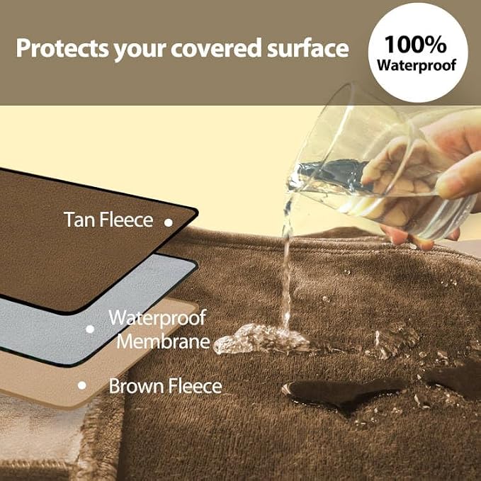 Waterproof Reversible King Bed Blanket 90"x80" Brown/Tan, Leakproof Throw | Waterproof Washable Soft for bed - Image 3