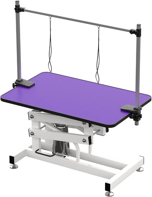 Hydraulic Dog Pet Grooming Table, 42 Inch Heavy Duty Professional Pet Grooming Station 21'' -36'' Height Adjustable for Large Dog at Home with Adjustable Overhead Arm, Clamp and Grooming Noose, Purple by Afqxf
