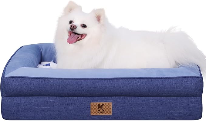 KSIIA Big Dog Bed for XL Dogs, Orthopedic Egg-Crate Memory Foam Pet Bed with Sides, Waterproof Lining and Non Slip Pet Couch with Removable Washable Cover, 44 x 32 Inch, Blue by KSIIAPetProducts